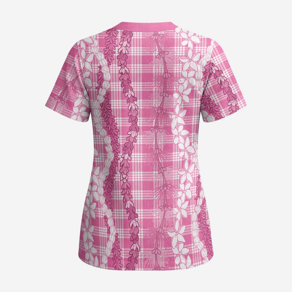 Hawaiian Ohia Lehua Lei Scrub Top Plaid Palaka Akala Pattern - Polynesian Pride