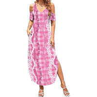 Hawaiian Ohia Lehua Lei Summer Maxi Dress Plaid Palaka Akala Pattern - Polynesian Pride