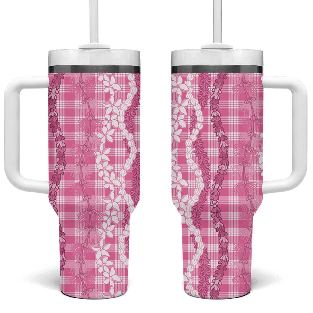 Hawaiian Ohia Lehua Lei Tumbler With Handle Plaid Palaka Akala Pattern LT9 One Size: 40 oz Pink - Polynesian Pride