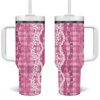 Hawaiian Ohia Lehua Lei Tumbler With Handle Plaid Palaka Akala Pattern LT9 One Size: 40 oz Pink - Polynesian Pride