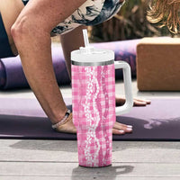Hawaiian Ohia Lehua Lei Tumbler With Handle Plaid Palaka Akala Pattern LT9 - Polynesian Pride