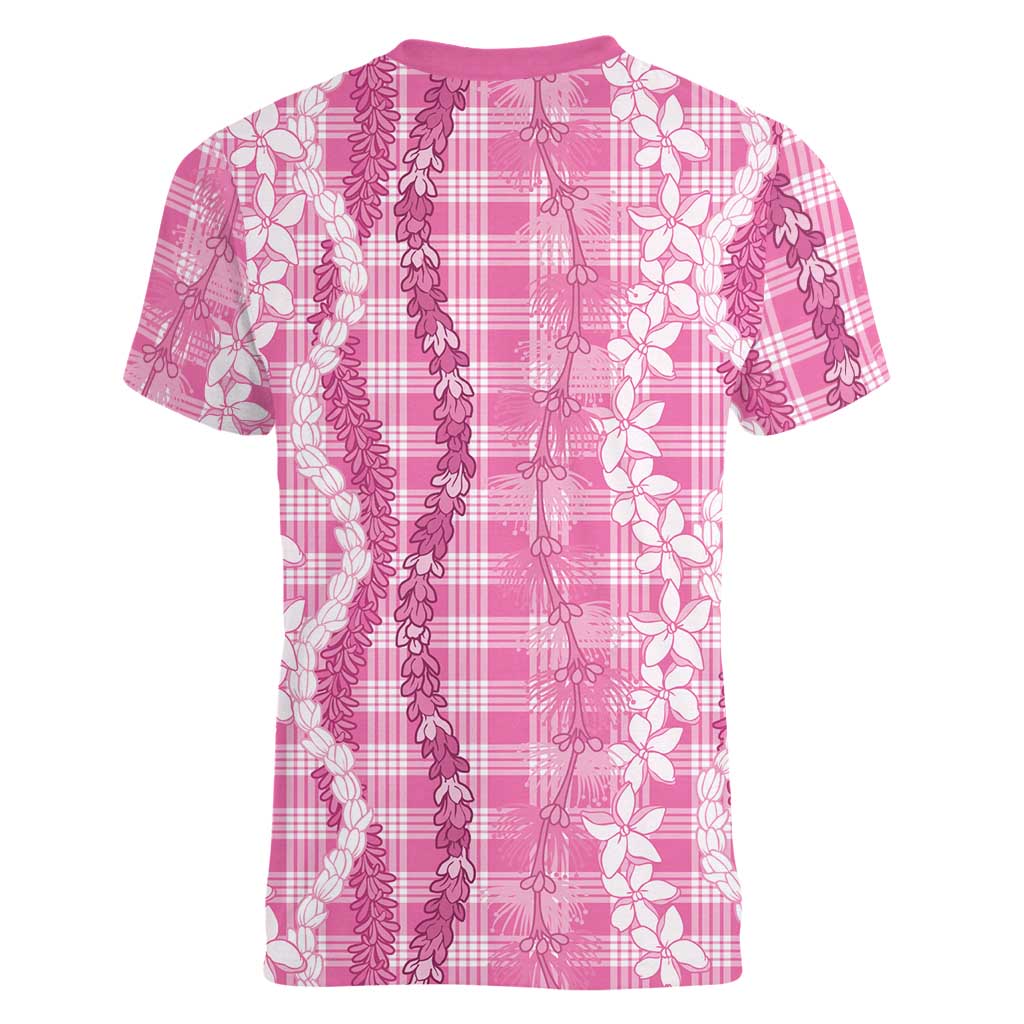 Hawaiian Ohia Lehua Lei Women V-Neck T-Shirt Plaid Palaka Akala Pattern - Polynesian Pride