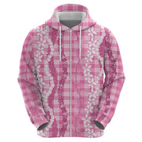 Hawaiian Ohia Lehua Lei Zip Hoodie Plaid Palaka Akala Pattern - Polynesian Pride