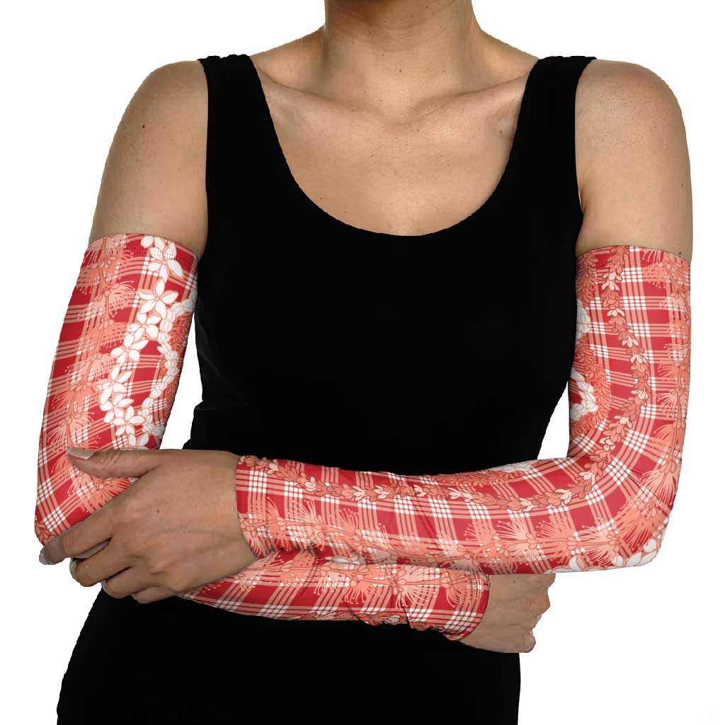 Hawaiian Ohia Lehua Lei Arm Sleeves Plaid Palaka Ulaula Pattern - Polynesian Pride