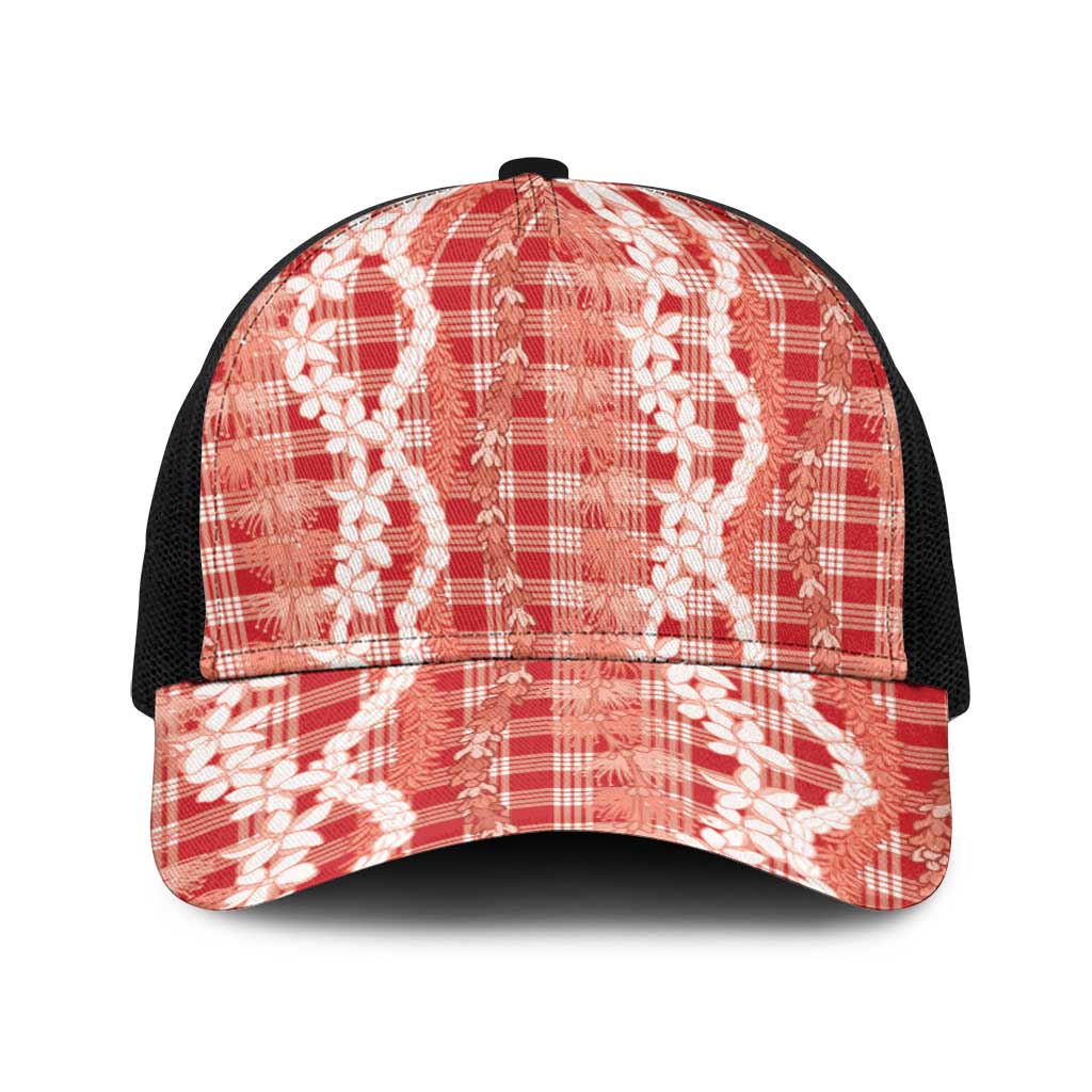 Hawaiian Ohia Lehua Lei Baseball Net Cap Plaid Palaka Ulaula Pattern - Polynesian Pride