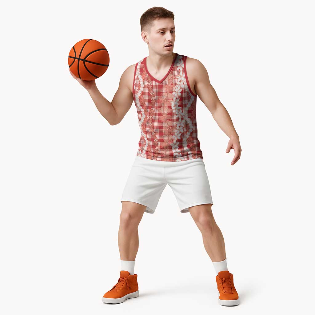 Hawaiian Ohia Lehua Lei Basketball Jersey Plaid Palaka Ulaula Pattern - Polynesian Pride