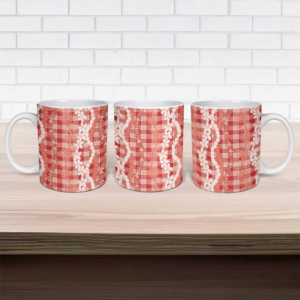 Hawaiian Ohia Lehua Lei Ceramic Mug Plaid Palaka Ulaula Pattern - Polynesian Pride