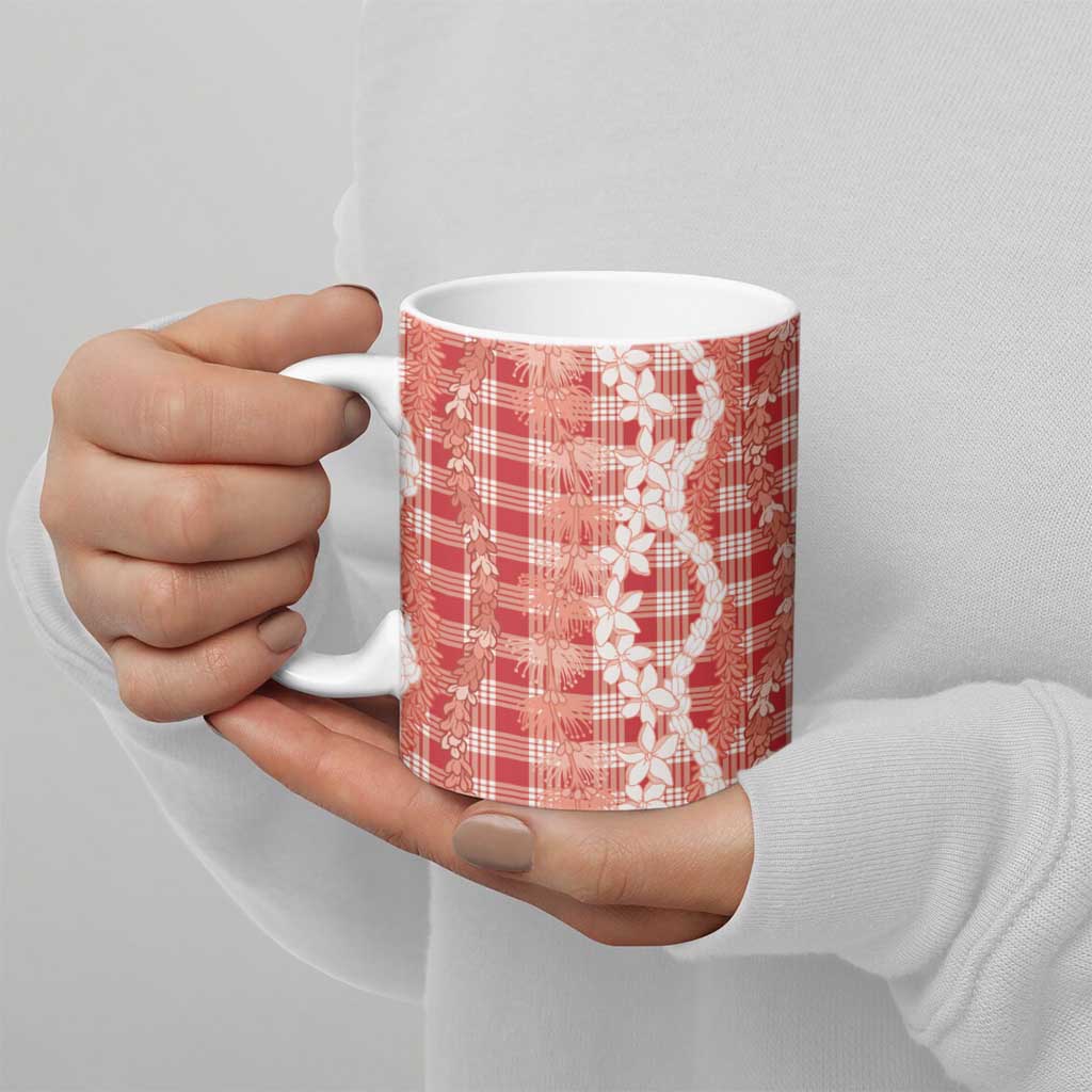 Hawaiian Ohia Lehua Lei Ceramic Mug Plaid Palaka Ulaula Pattern - Polynesian Pride