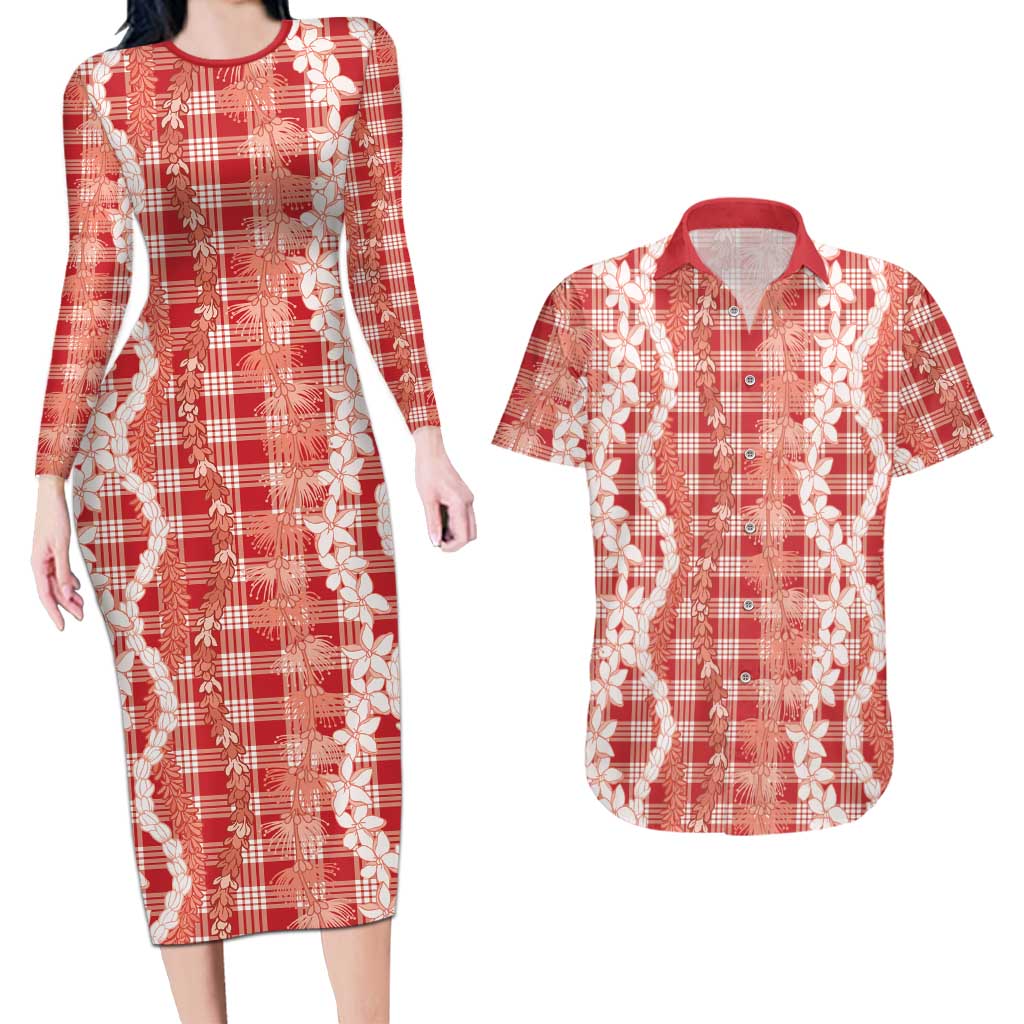 Hawaiian Ohia Lehua Lei Couples Matching Long Sleeve Bodycon Dress and Hawaiian Shirt Plaid Palaka Ulaula Pattern LT9 Red - Polynesian Pride