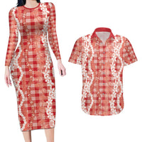 Hawaiian Ohia Lehua Lei Couples Matching Long Sleeve Bodycon Dress and Hawaiian Shirt Plaid Palaka Ulaula Pattern LT9 Red - Polynesian Pride