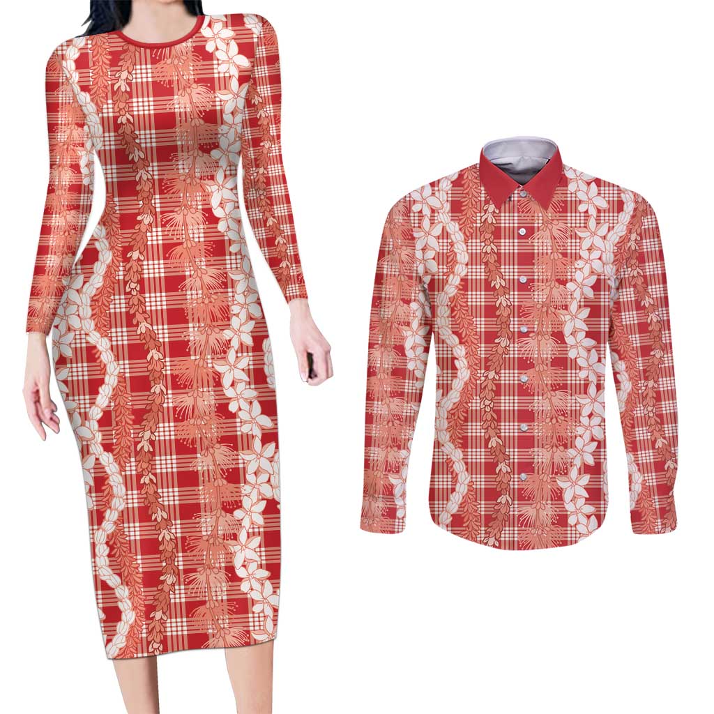 Hawaiian Ohia Lehua Lei Couples Matching Long Sleeve Bodycon Dress and Long Sleeve Button Shirt Plaid Palaka Ulaula Pattern LT9 Red - Polynesian Pride