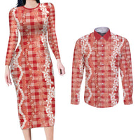 Hawaiian Ohia Lehua Lei Couples Matching Long Sleeve Bodycon Dress and Long Sleeve Button Shirt Plaid Palaka Ulaula Pattern LT9 Red - Polynesian Pride