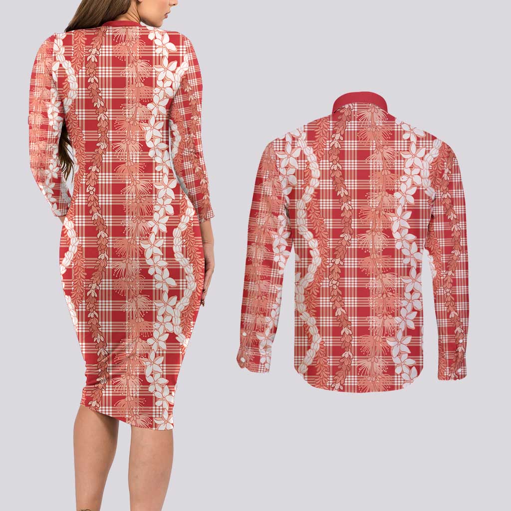 Hawaiian Ohia Lehua Lei Couples Matching Long Sleeve Bodycon Dress and Long Sleeve Button Shirt Plaid Palaka Ulaula Pattern LT9 - Polynesian Pride
