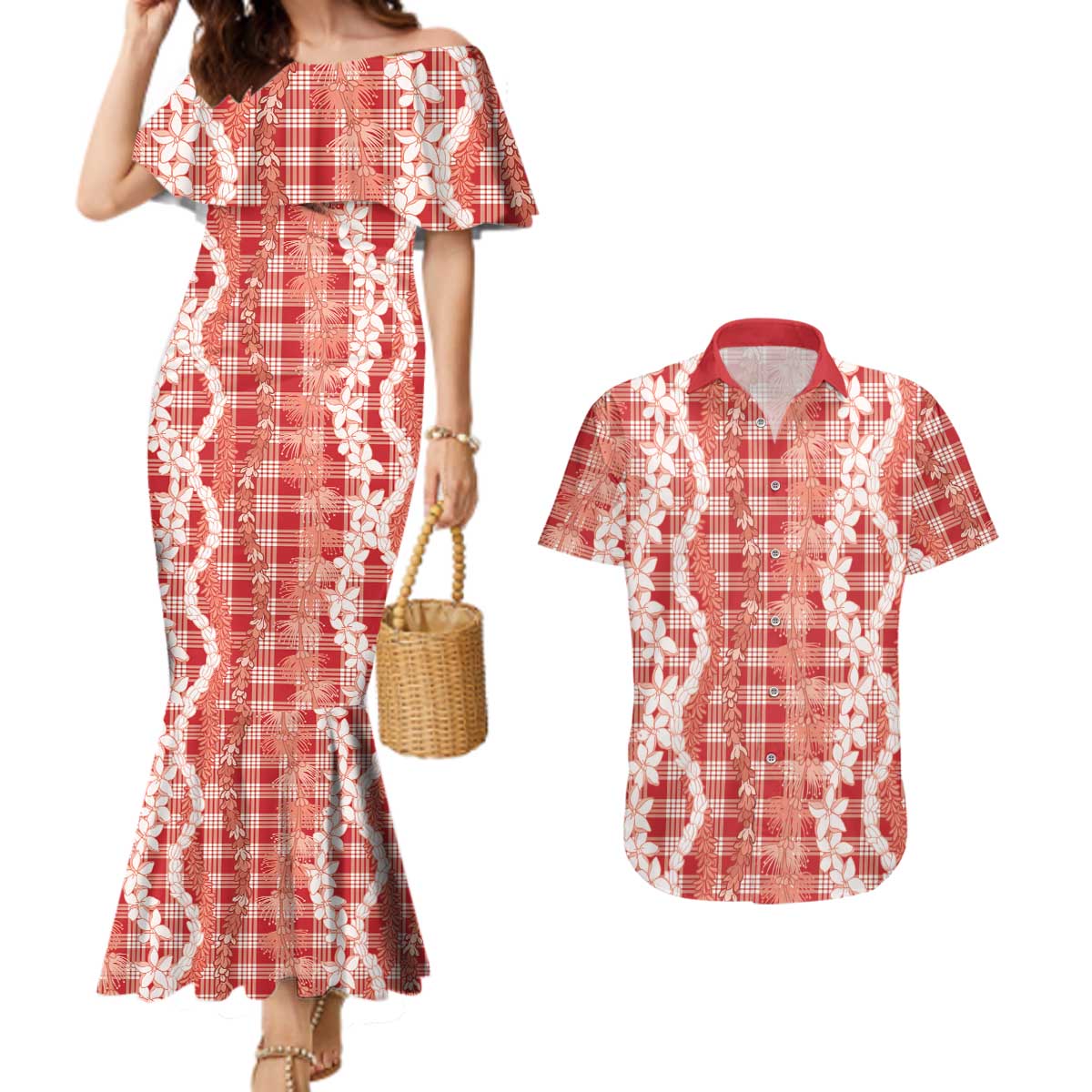 Hawaiian Ohia Lehua Lei Couples Matching Mermaid Dress and Hawaiian Shirt Plaid Palaka Ulaula Pattern LT9 Red - Polynesian Pride
