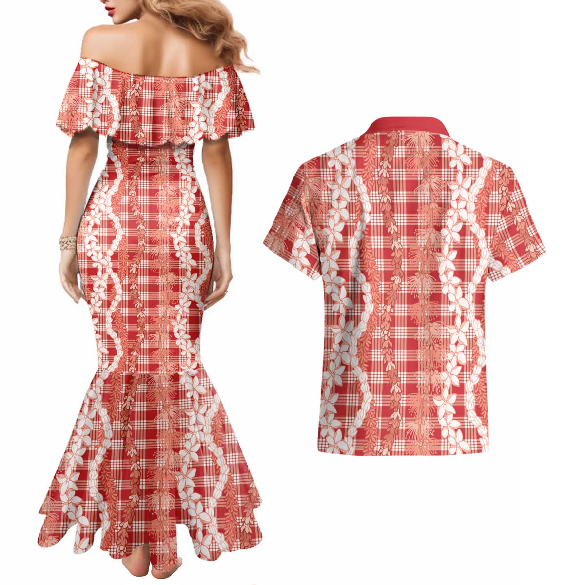 Hawaiian Ohia Lehua Lei Couples Matching Mermaid Dress and Hawaiian Shirt Plaid Palaka Ulaula Pattern LT9 - Polynesian Pride