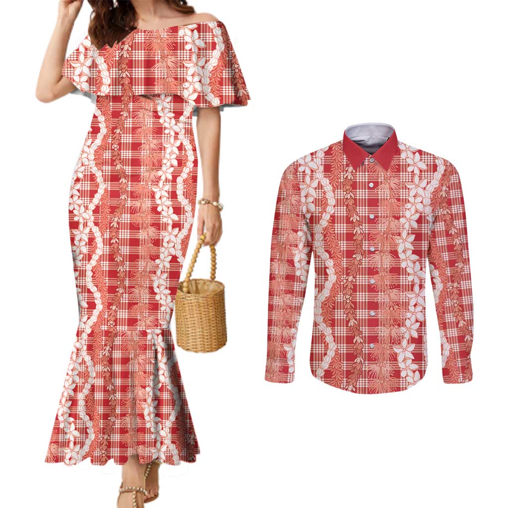 Hawaiian Ohia Lehua Lei Couples Matching Mermaid Dress and Long Sleeve Button Shirt Plaid Palaka Ulaula Pattern LT9 Red - Polynesian Pride