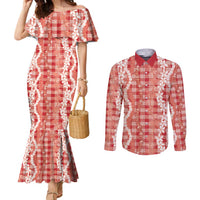 Hawaiian Ohia Lehua Lei Couples Matching Mermaid Dress and Long Sleeve Button Shirt Plaid Palaka Ulaula Pattern LT9 Red - Polynesian Pride