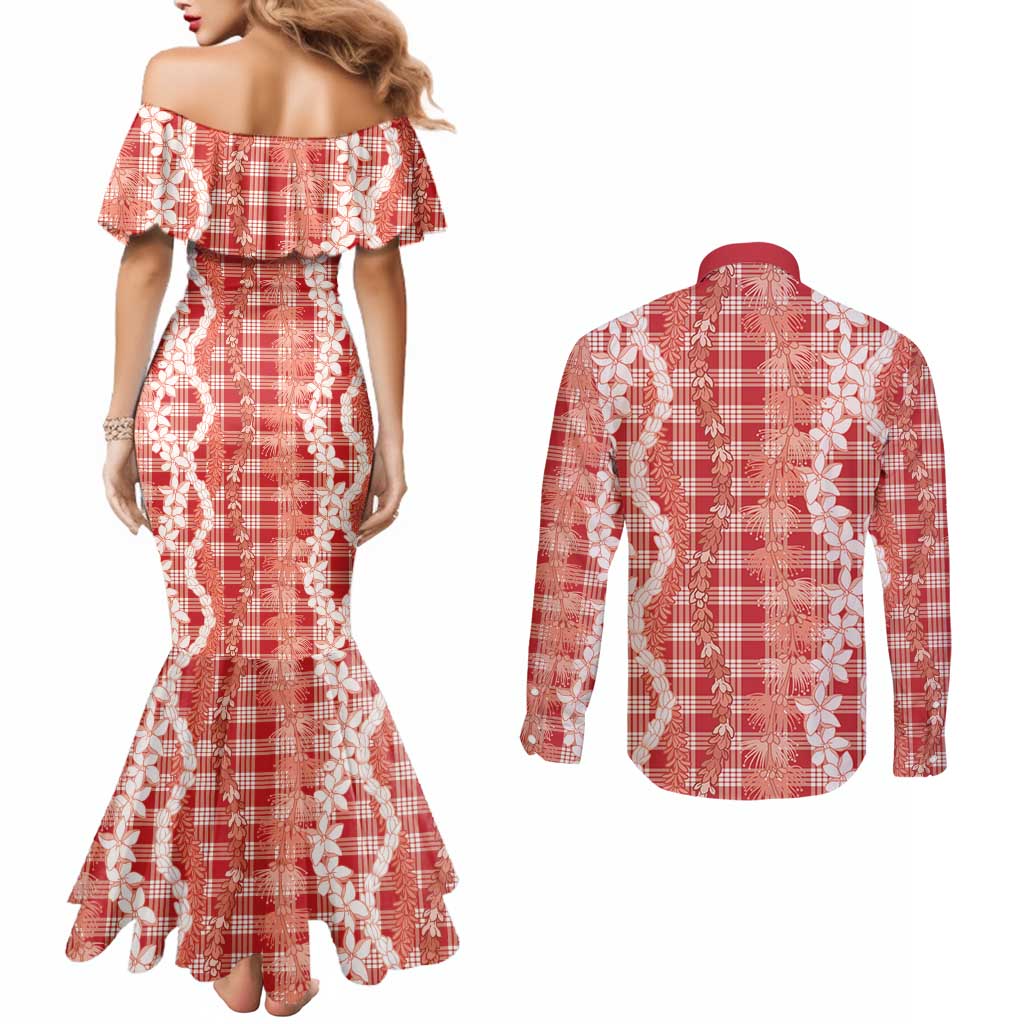 Hawaiian Ohia Lehua Lei Couples Matching Mermaid Dress and Long Sleeve Button Shirt Plaid Palaka Ulaula Pattern LT9 - Polynesian Pride