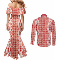 Hawaiian Ohia Lehua Lei Couples Matching Mermaid Dress and Long Sleeve Button Shirt Plaid Palaka Ulaula Pattern LT9 - Polynesian Pride