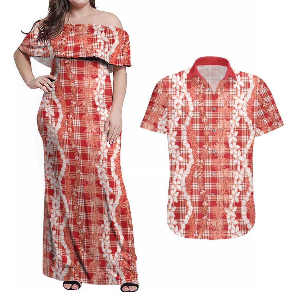 Hawaiian Ohia Lehua Lei Couples Matching Off Shoulder Maxi Dress and Hawaiian Shirt Plaid Palaka Ulaula Pattern LT9 Red - Polynesian Pride