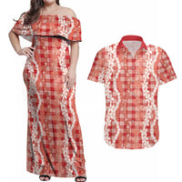 Hawaiian Ohia Lehua Lei Couples Matching Off Shoulder Maxi Dress and Hawaiian Shirt Plaid Palaka Ulaula Pattern LT9 Red - Polynesian Pride
