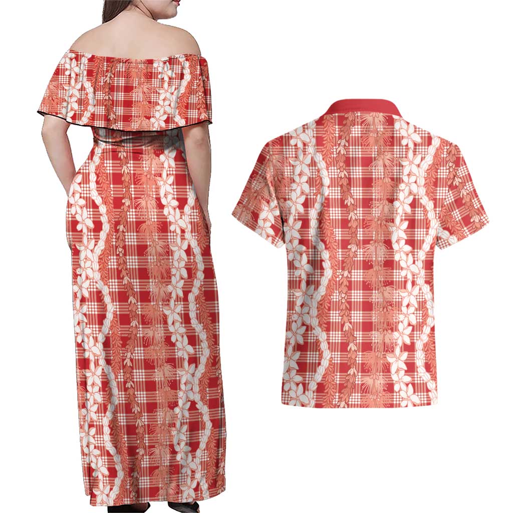 Hawaiian Ohia Lehua Lei Couples Matching Off Shoulder Maxi Dress and Hawaiian Shirt Plaid Palaka Ulaula Pattern LT9 - Polynesian Pride