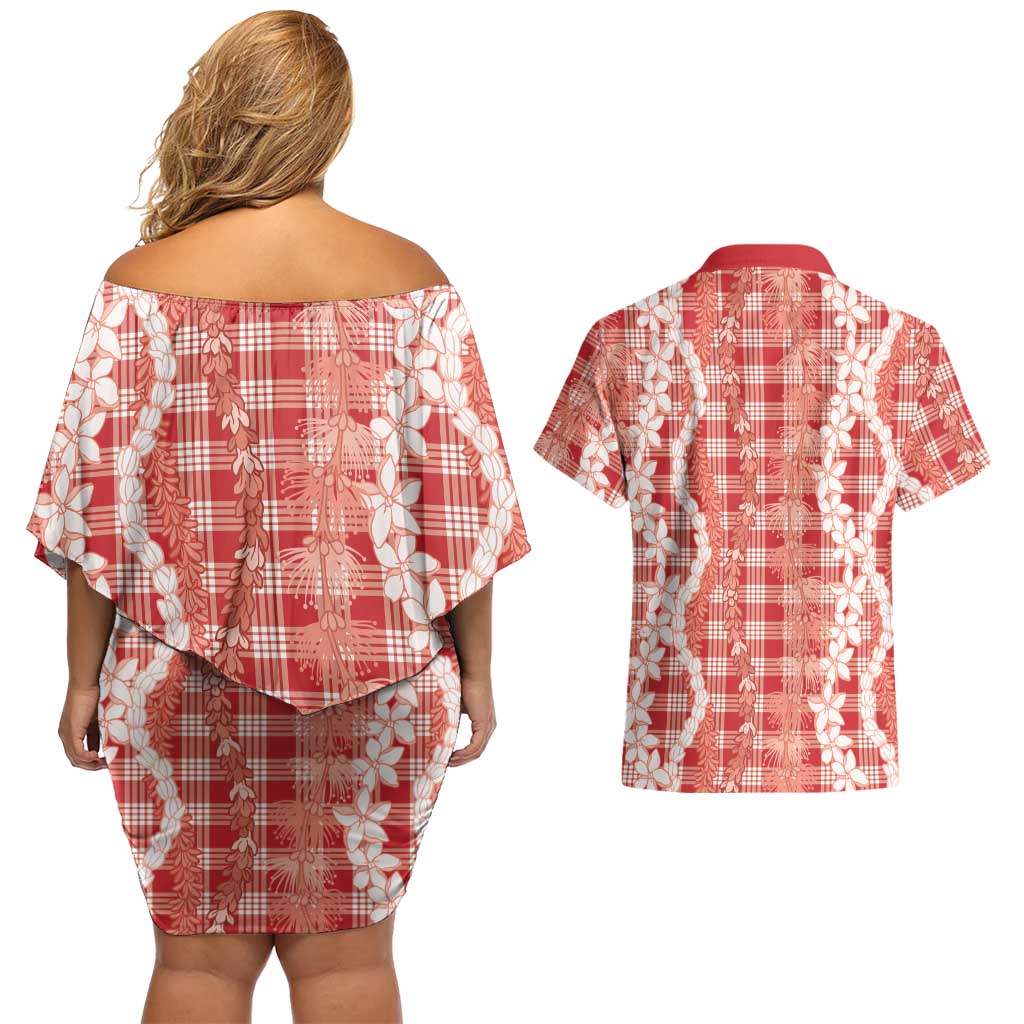 Hawaiian Ohia Lehua Lei Couples Matching Off Shoulder Short Dress and Hawaiian Shirt Plaid Palaka Ulaula Pattern LT9 - Polynesian Pride