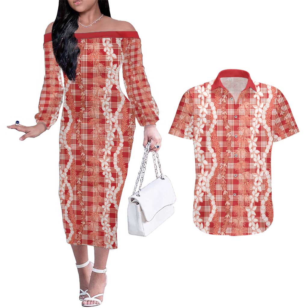 Hawaiian Ohia Lehua Lei Couples Matching Off The Shoulder Long Sleeve Dress and Hawaiian Shirt Plaid Palaka Ulaula Pattern LT9 Red - Polynesian Pride