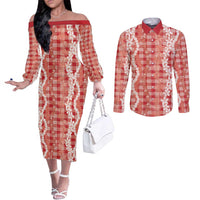 Hawaiian Ohia Lehua Lei Couples Matching Off The Shoulder Long Sleeve Dress and Long Sleeve Button Shirt Plaid Palaka Ulaula Pattern LT9 Red - Polynesian Pride