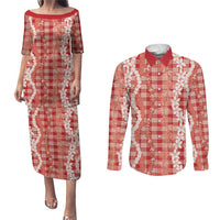 Hawaiian Ohia Lehua Lei Couples Matching Puletasi and Long Sleeve Button Shirt Plaid Palaka Ulaula Pattern LT9 Red - Polynesian Pride