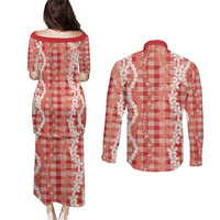 Hawaiian Ohia Lehua Lei Couples Matching Puletasi and Long Sleeve Button Shirt Plaid Palaka Ulaula Pattern LT9 - Polynesian Pride
