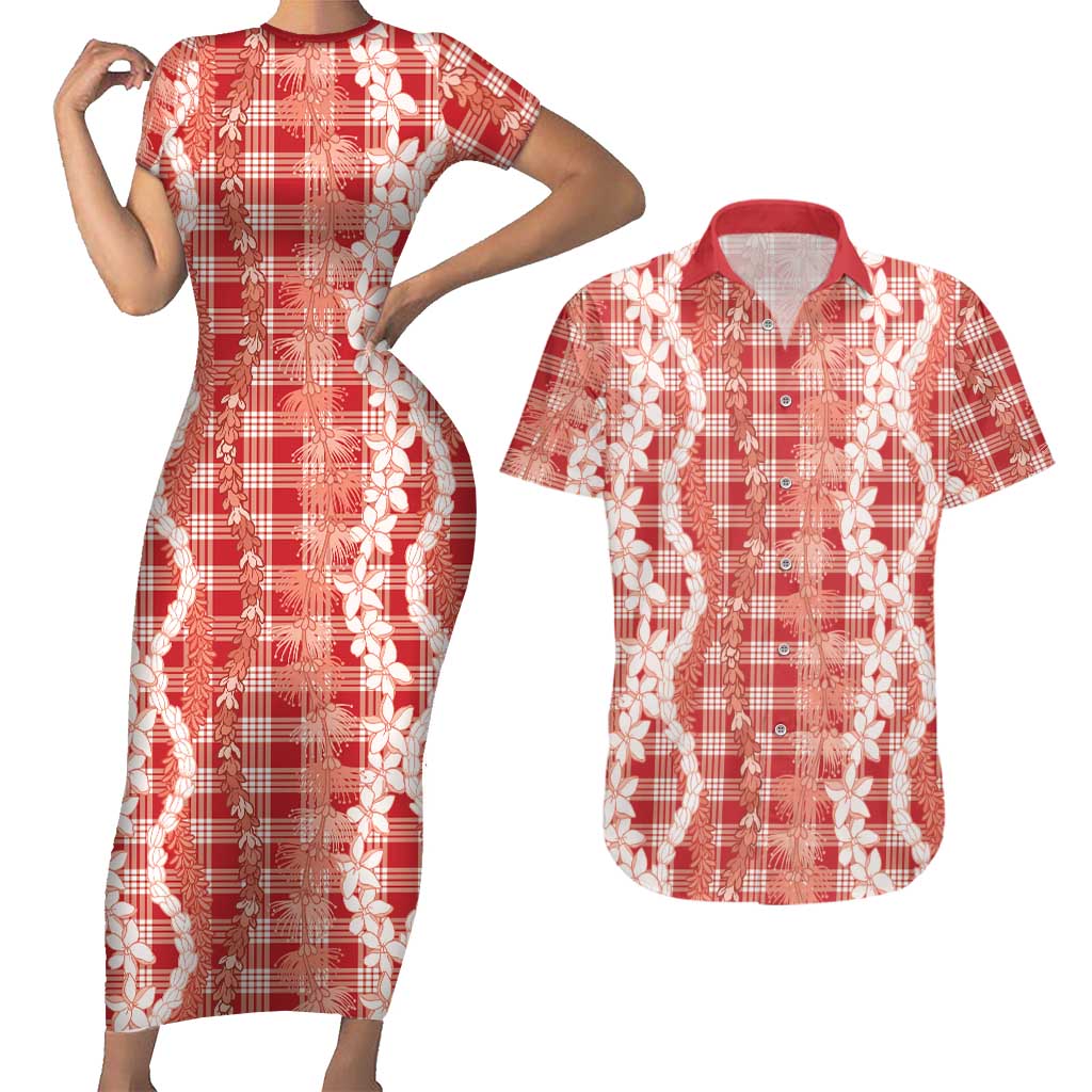 Hawaiian Ohia Lehua Lei Couples Matching Short Sleeve Bodycon Dress and Hawaiian Shirt Plaid Palaka Ulaula Pattern LT9 Red - Polynesian Pride