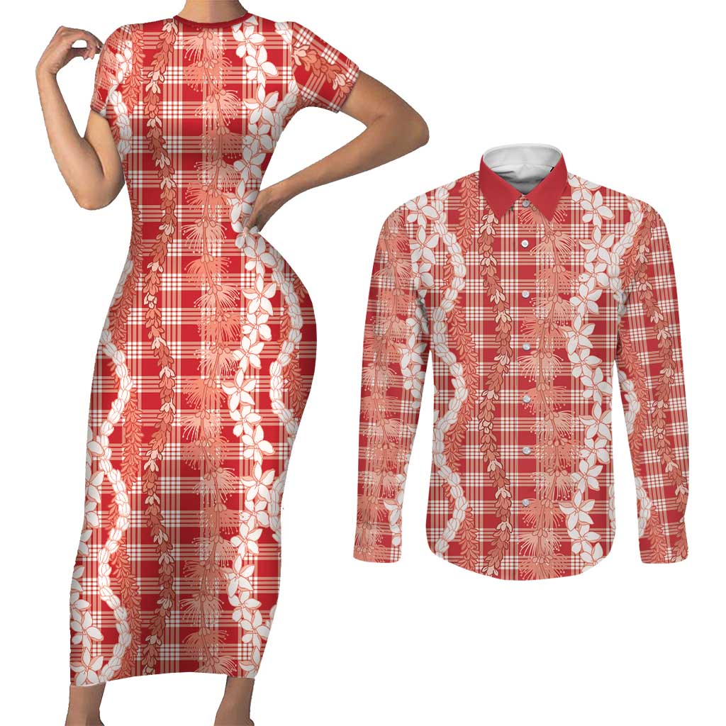Hawaiian Ohia Lehua Lei Couples Matching Short Sleeve Bodycon Dress and Long Sleeve Button Shirt Plaid Palaka Ulaula Pattern LT9 Red - Polynesian Pride