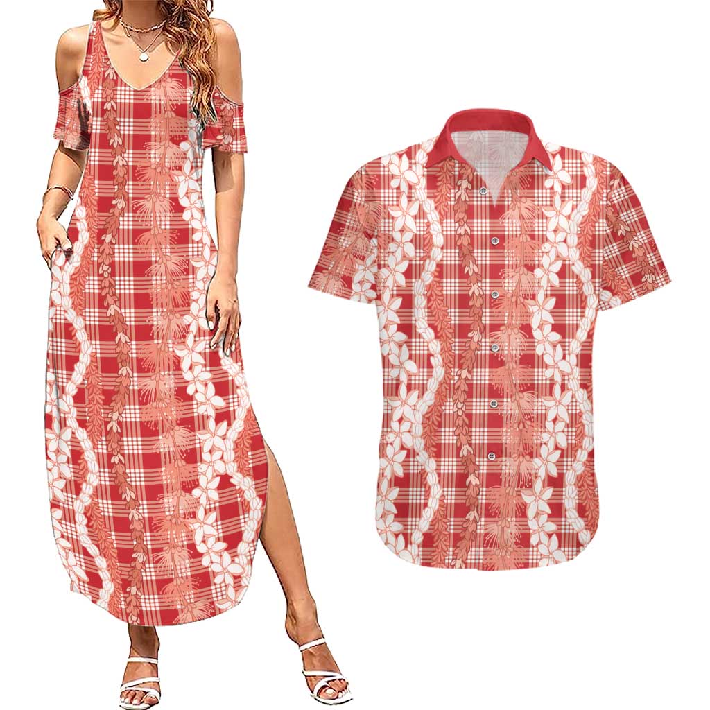 Hawaiian Ohia Lehua Lei Couples Matching Summer Maxi Dress and Hawaiian Shirt Plaid Palaka Ulaula Pattern - Polynesian Pride