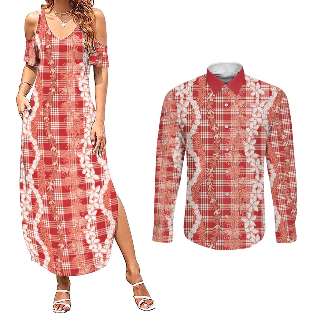 Hawaiian Ohia Lehua Lei Couples Matching Summer Maxi Dress and Long Sleeve Button Shirt Plaid Palaka Ulaula Pattern - Polynesian Pride