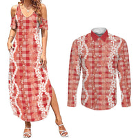 Hawaiian Ohia Lehua Lei Couples Matching Summer Maxi Dress and Long Sleeve Button Shirt Plaid Palaka Ulaula Pattern - Polynesian Pride