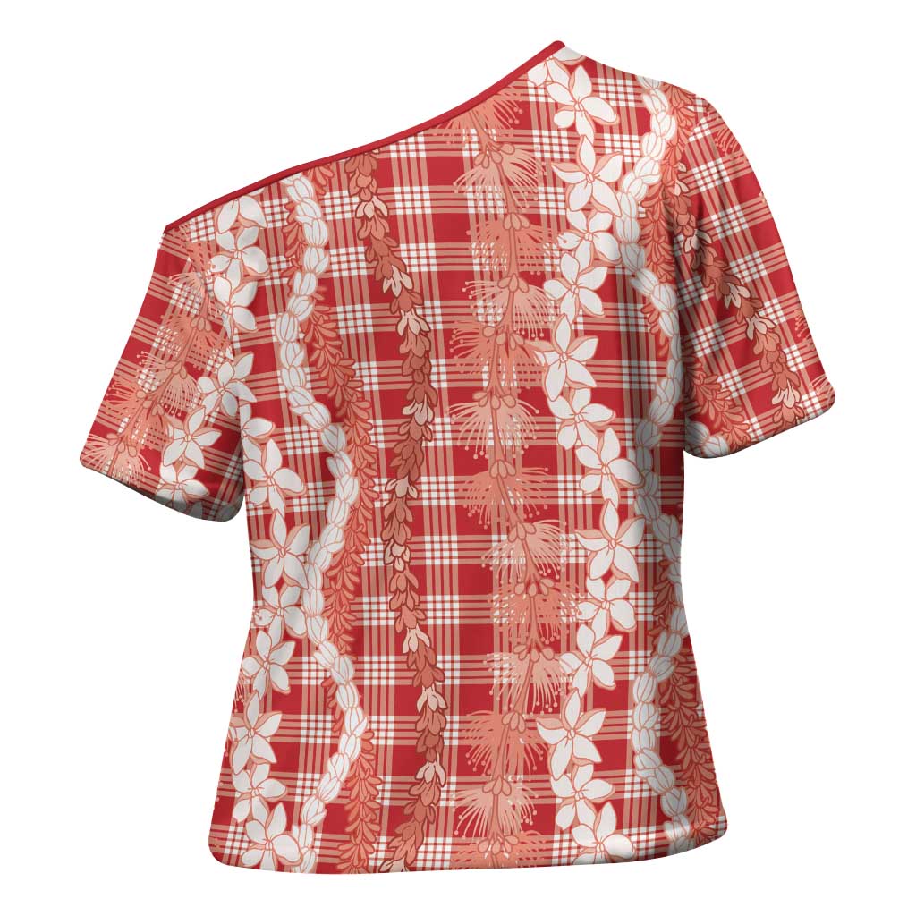 Hawaiian Ohia Lehua Lei Cross Shoulder Shirt Plaid Palaka Ulaula Pattern - Polynesian Pride