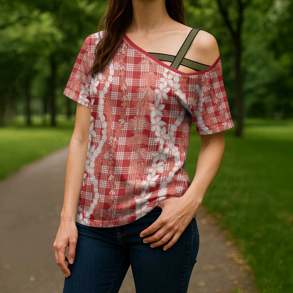Hawaiian Ohia Lehua Lei Cross Shoulder Shirt Plaid Palaka Ulaula Pattern - Polynesian Pride