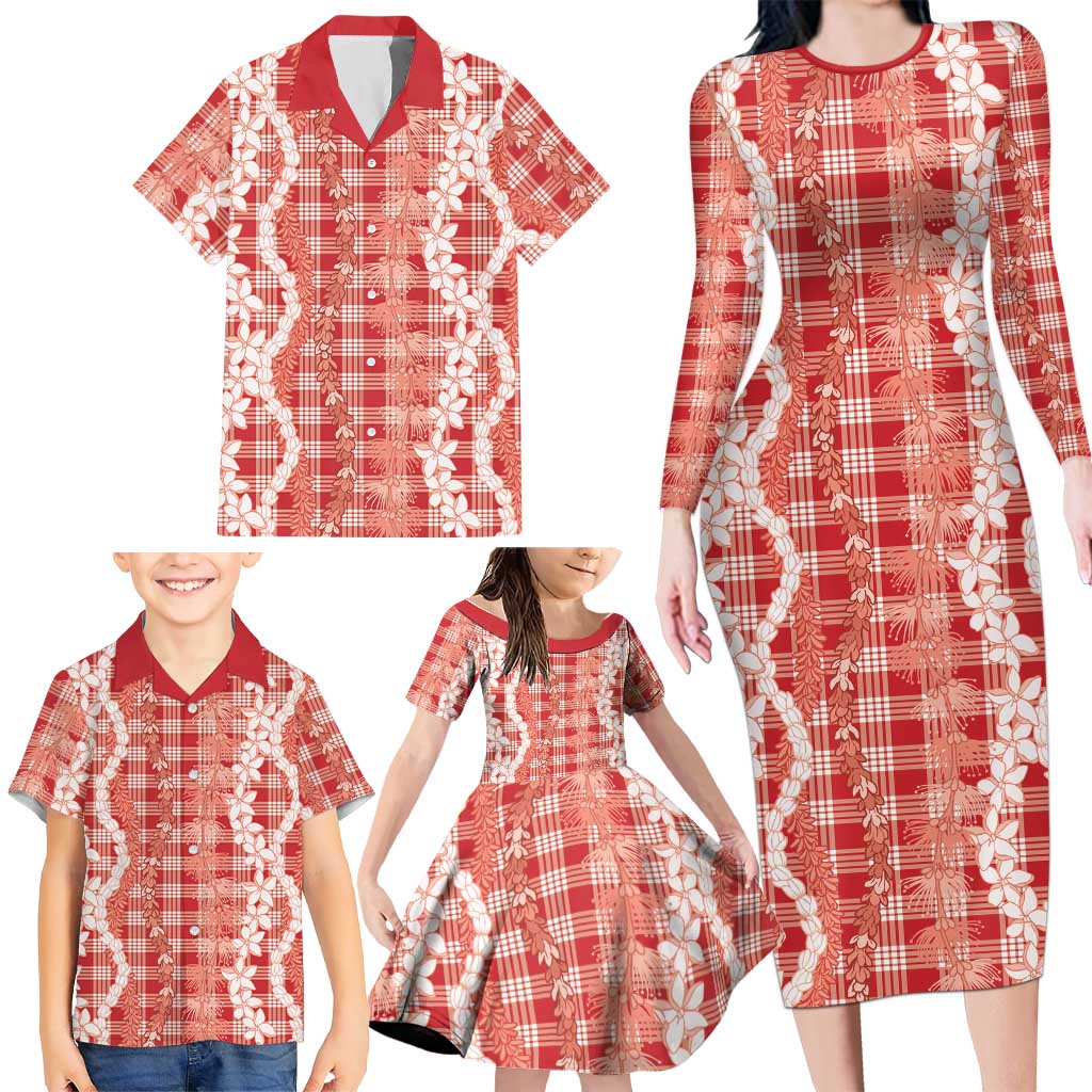 Hawaiian Ohia Lehua Lei Family Matching Long Sleeve Bodycon Dress and Hawaiian Shirt Plaid Palaka Ulaula Pattern LT9 - Polynesian Pride