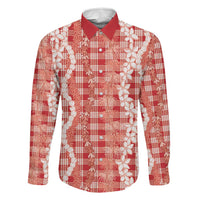 Hawaiian Ohia Lehua Lei Family Matching Mermaid Dress and Hawaiian Shirt Plaid Palaka Ulaula Pattern LT9 Dad's Shirt - Long Sleeve Red - Polynesian Pride