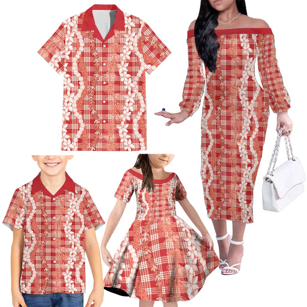 Hawaiian Ohia Lehua Lei Family Matching Off The Shoulder Long Sleeve Dress and Hawaiian Shirt Plaid Palaka Ulaula Pattern LT9 - Polynesian Pride
