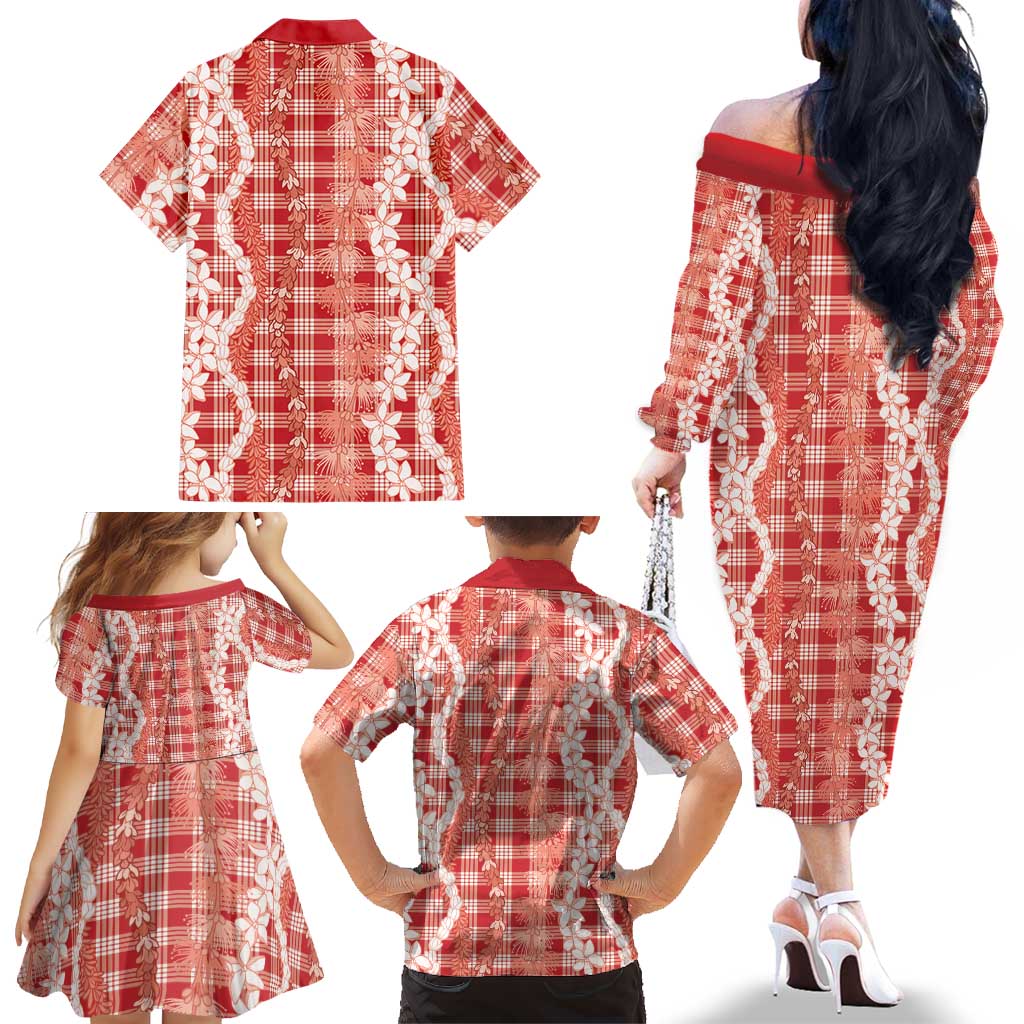 Hawaiian Ohia Lehua Lei Family Matching Off The Shoulder Long Sleeve Dress and Hawaiian Shirt Plaid Palaka Ulaula Pattern LT9 - Polynesian Pride