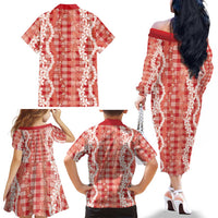 Hawaiian Ohia Lehua Lei Family Matching Off The Shoulder Long Sleeve Dress and Hawaiian Shirt Plaid Palaka Ulaula Pattern LT9 - Polynesian Pride