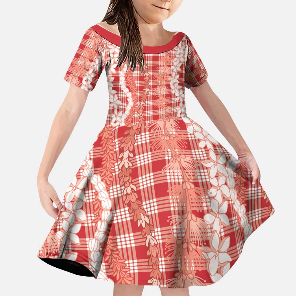 Hawaiian Ohia Lehua Lei Family Matching Off Shoulder Maxi Dress and Hawaiian Shirt Plaid Palaka Ulaula Pattern LT9 Daughter's Dress Red - Polynesian Pride