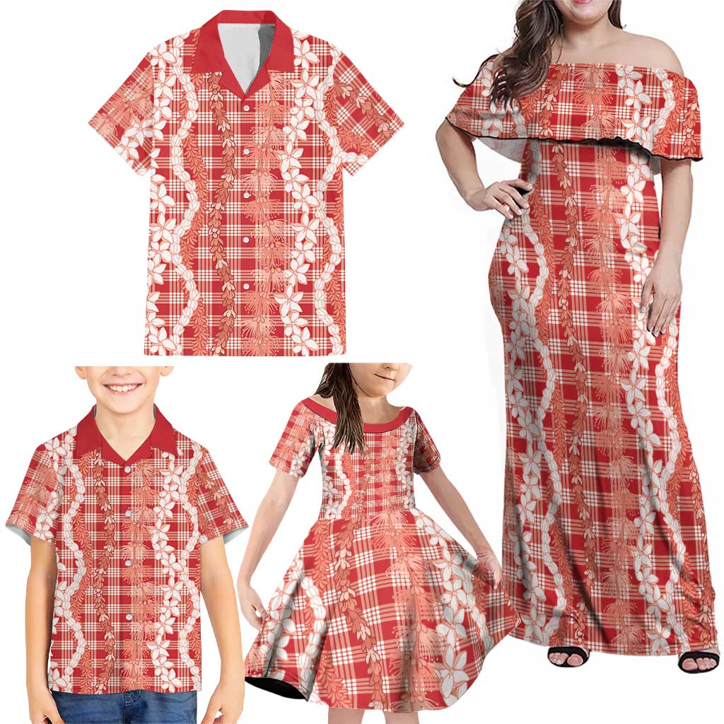 Hawaiian Ohia Lehua Lei Family Matching Off Shoulder Maxi Dress and Hawaiian Shirt Plaid Palaka Ulaula Pattern - Polynesian Pride