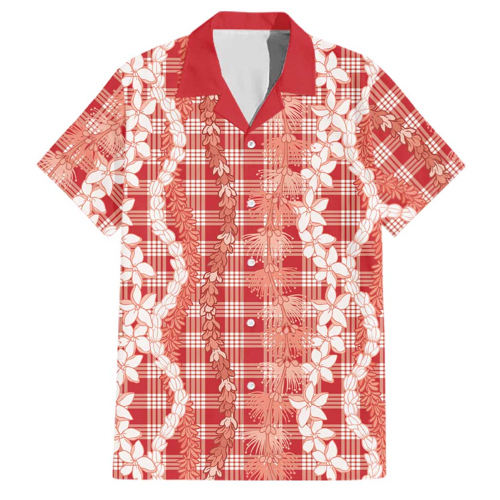 Hawaiian Ohia Lehua Lei Family Matching Off Shoulder Maxi Dress and Hawaiian Shirt Plaid Palaka Ulaula Pattern LT9 Dad's Shirt - Short Sleeve Red - Polynesian Pride