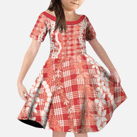 Hawaiian Ohia Lehua Lei Family Matching Off Shoulder Short Dress and Hawaiian Shirt Plaid Palaka Ulaula Pattern LT9 Daughter's Dress Red - Polynesian Pride