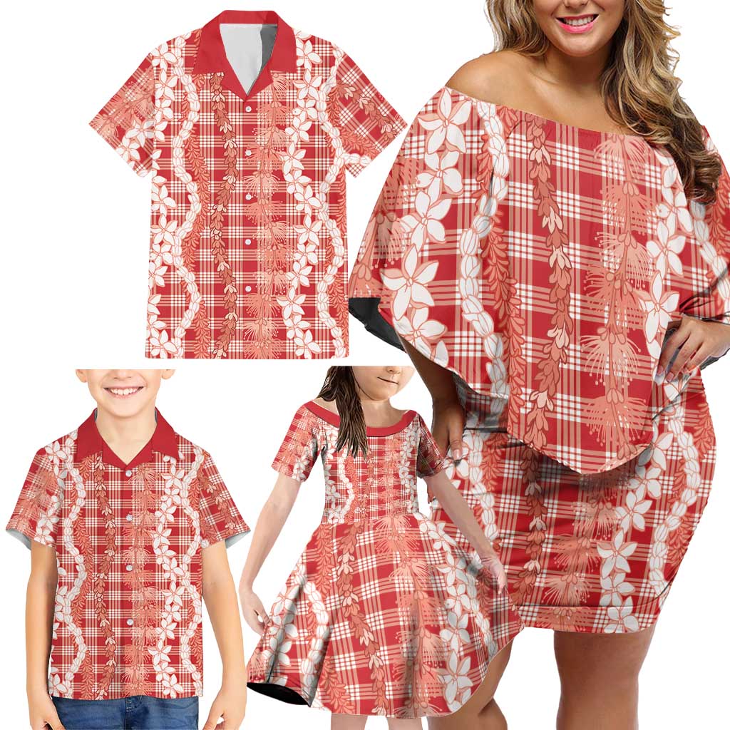 Hawaiian Ohia Lehua Lei Family Matching Off Shoulder Short Dress and Hawaiian Shirt Plaid Palaka Ulaula Pattern - Polynesian Pride