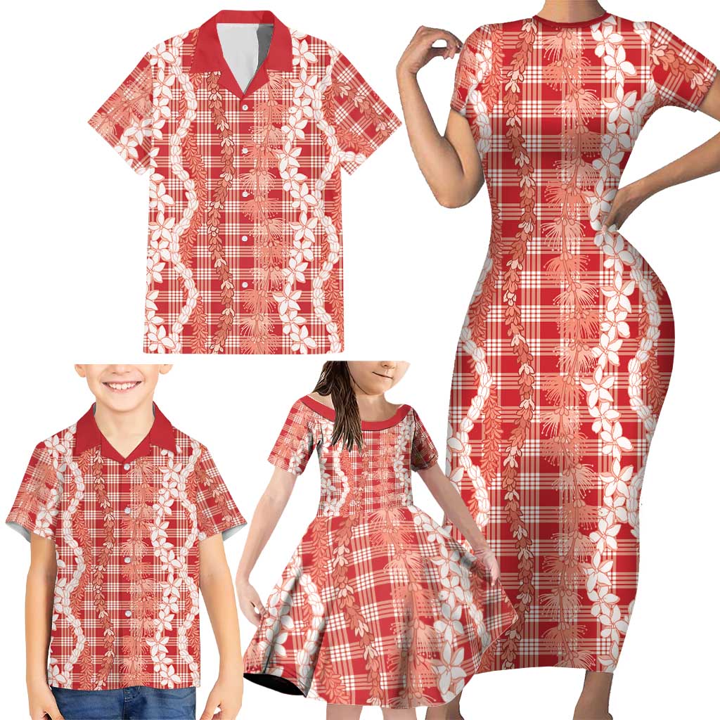 Hawaiian Ohia Lehua Lei Family Matching Short Sleeve Bodycon Dress and Hawaiian Shirt Plaid Palaka Ulaula Pattern - Polynesian Pride