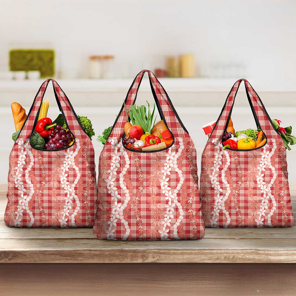 Hawaiian Ohia Lehua Lei Grocery Bag Plaid Palaka Ulaula Pattern - Polynesian Pride